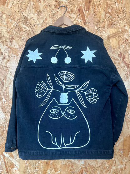 Cat Illustration Reclaimed Black Denim Jacket Hand Painted by Anna Soba