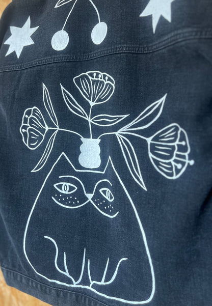 Cat Illustration Reclaimed Black Denim Jacket Hand Painted by Anna Soba