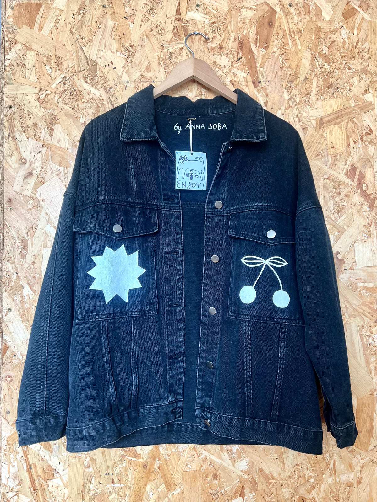 Cat Illustration Reclaimed Black Denim Jacket Hand Painted by Anna Soba