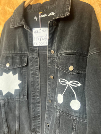 Cat Illustration Reclaimed Black Denim Jacket Hand Painted by Anna Soba