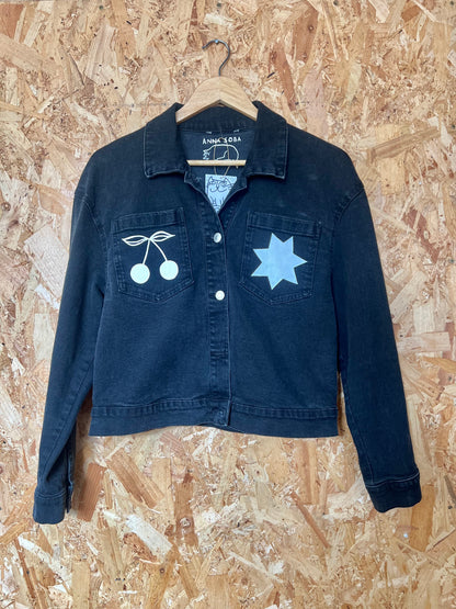 Cat Illustration Reclaimed Black Denim Jacket Hand Painted by Anna Soba