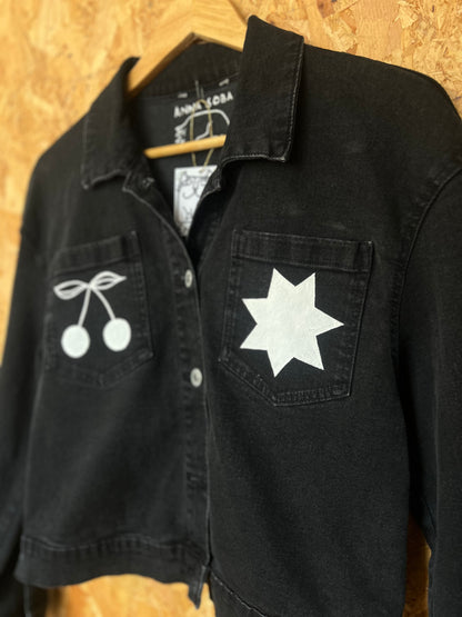 Cat Illustration Reclaimed Black Denim Jacket Hand Painted by Anna Soba