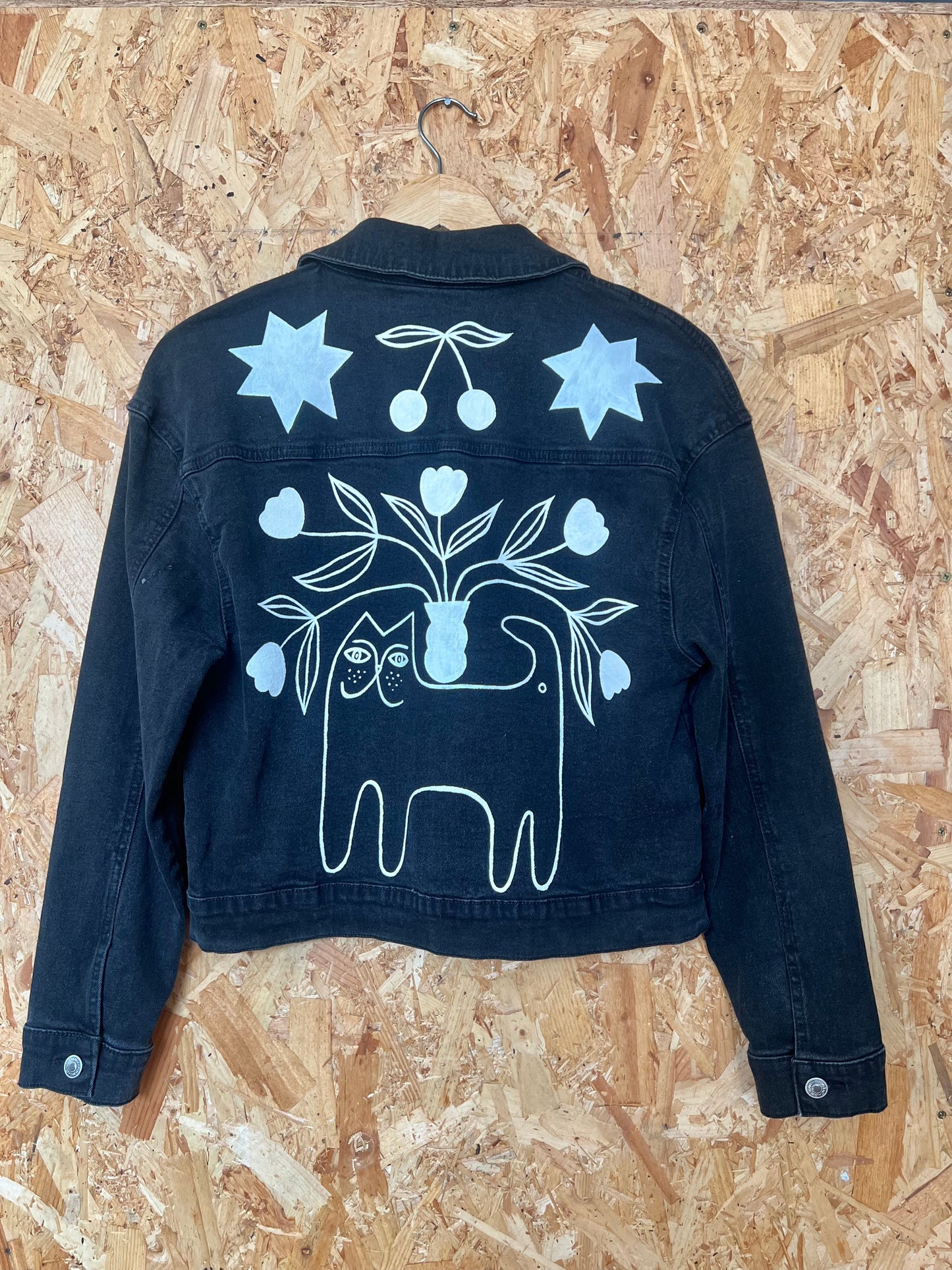 Cat Illustration Reclaimed Black Denim Jacket Hand Painted by Anna Soba