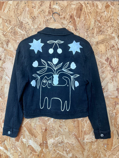 Cat Illustration Reclaimed Black Denim Jacket Hand Painted by Anna Soba