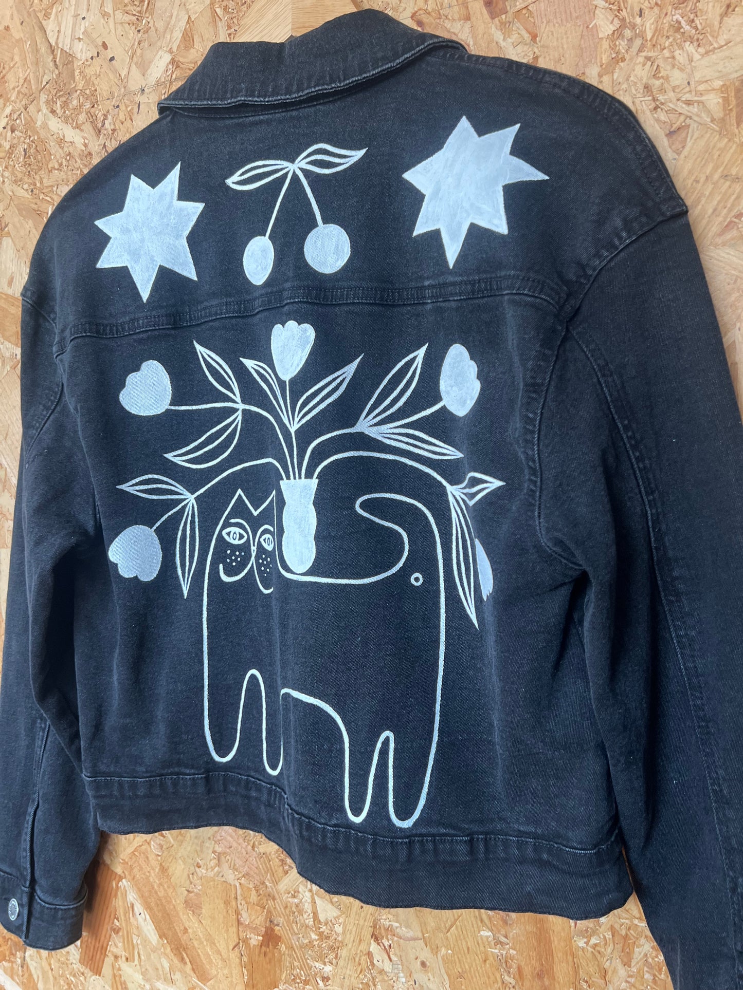 Cat Illustration Reclaimed Black Denim Jacket Hand Painted by Anna Soba