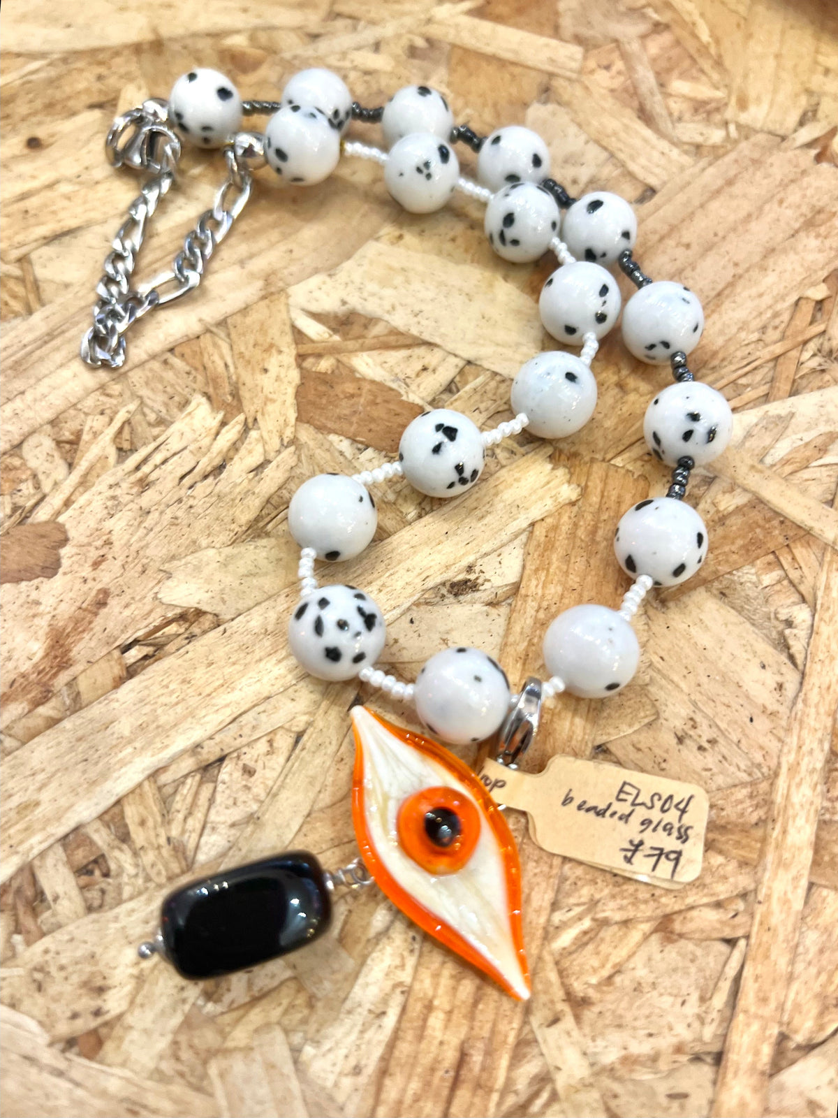 Glasswork Orange Eye And Beads Necklace, handmade by Eloy Sant