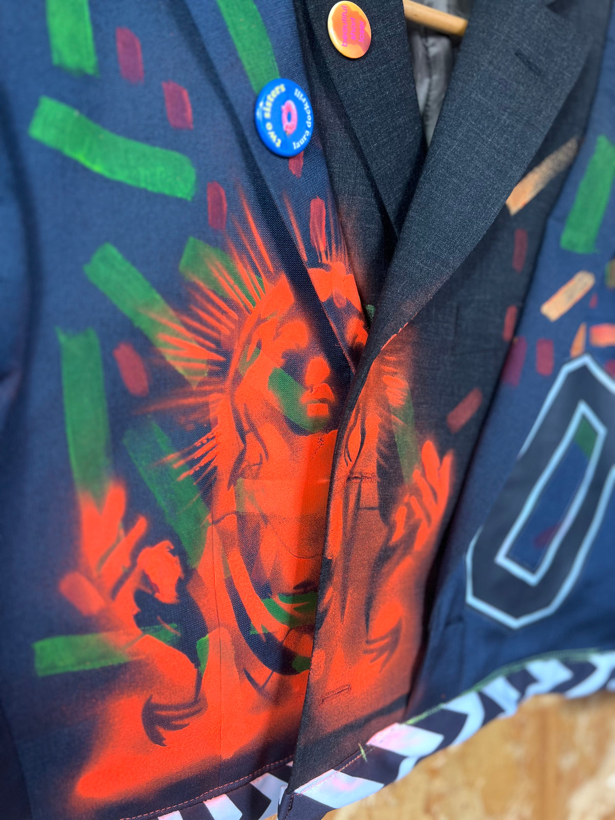 Cool Upcycled Reworked Blazer Jacket with Pins And Patches  By Snacks