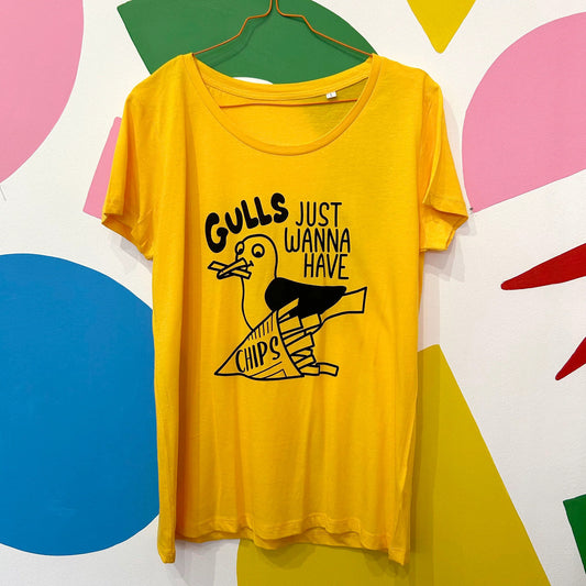 GULLS JUST WANNA HAVE CHIPS Yellow T-shirt by Hello Dodo