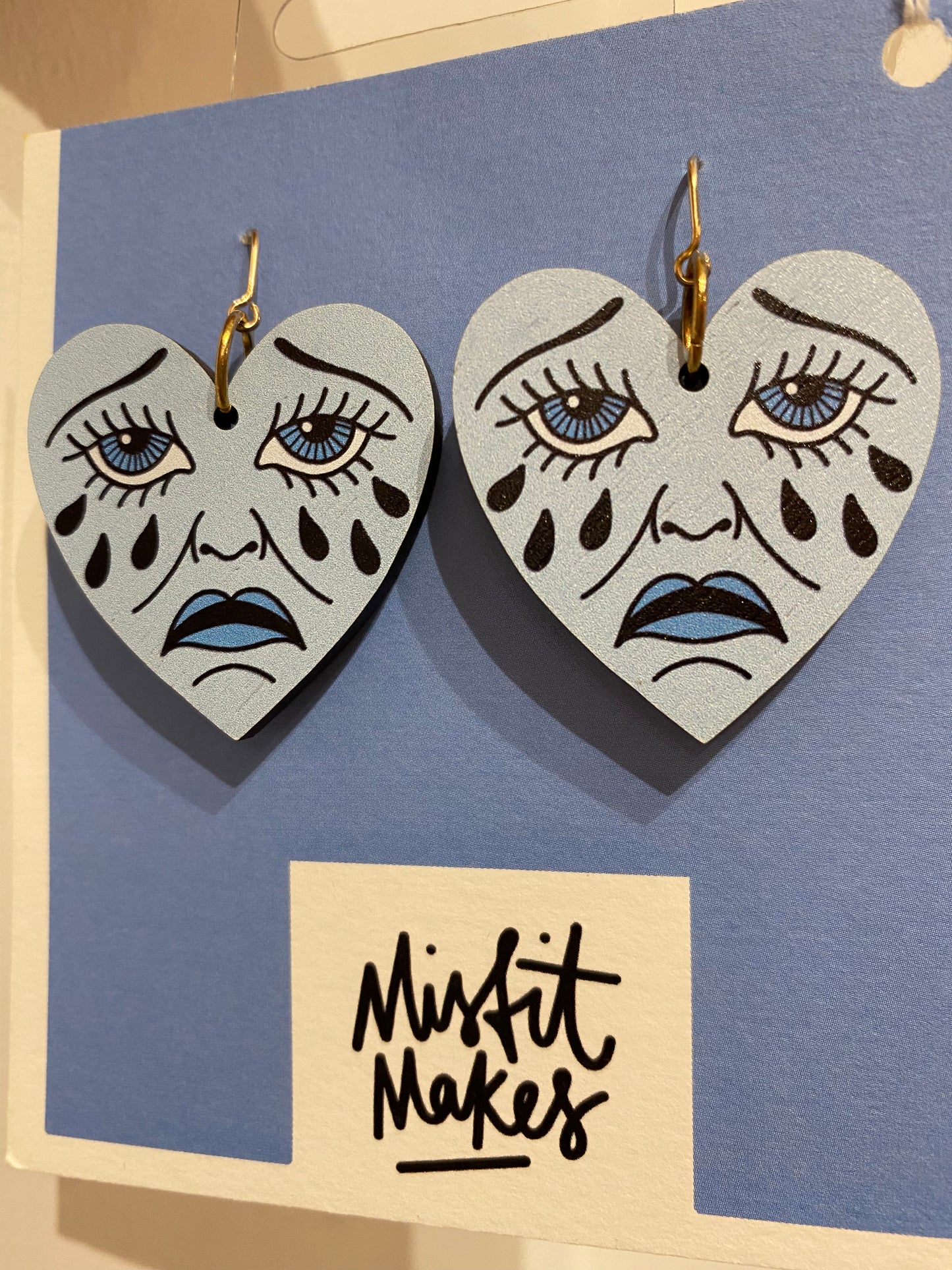 Crying Heart Blue Large Earrings by Misfit Makes