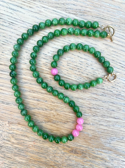 Pink And Green Dyed Jade Gemstone Necklace And Bracelet By Beadoo