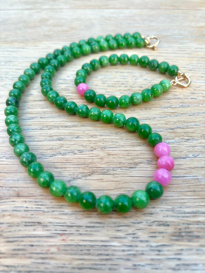 Pink And Green Dyed Jade Gemstone Necklace And Bracelet By Beadoo