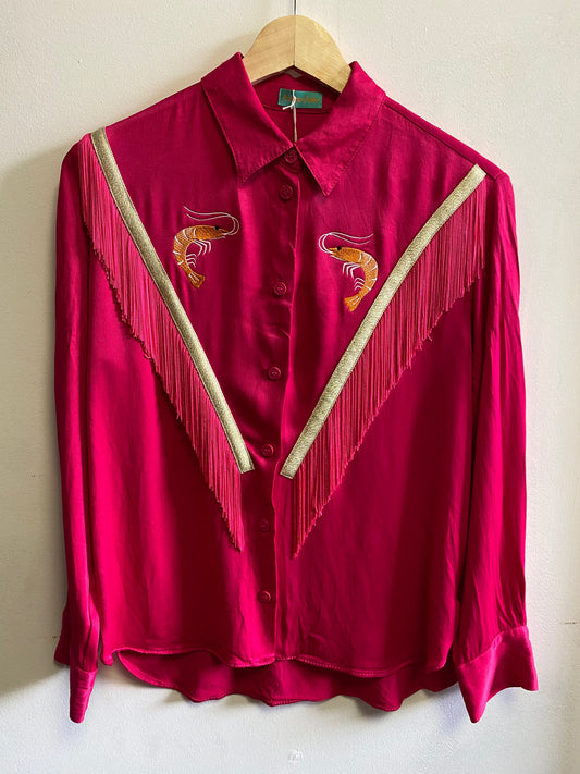 Pink fringe Long sleeve shirt with embroidery prawn - S/M by Flamingo Rodeo