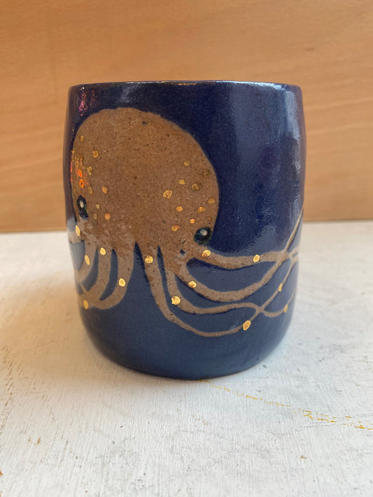 Octopus with real gold detail ceramic stoneware navy blue mug by REBECCA EDELMANN Ceramics