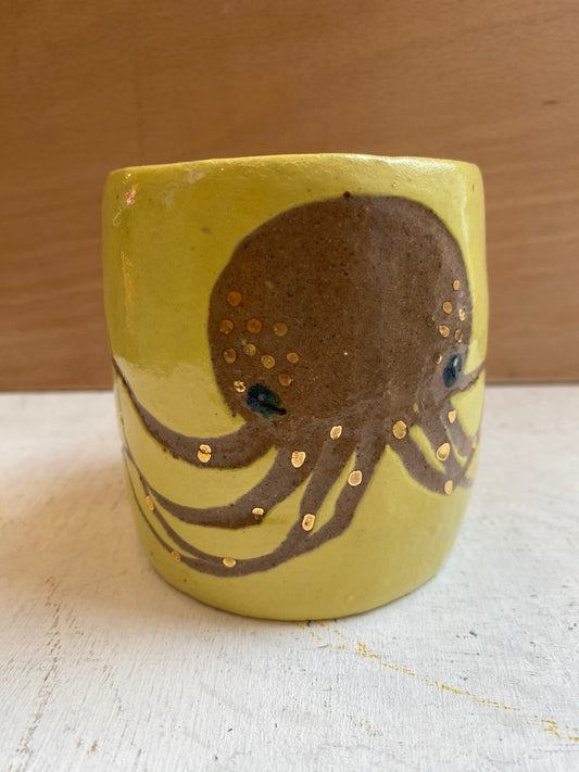 Octopus with real gold detail ceramic stoneware Yellow mug by REBECCA EDELMANN Ceramics
