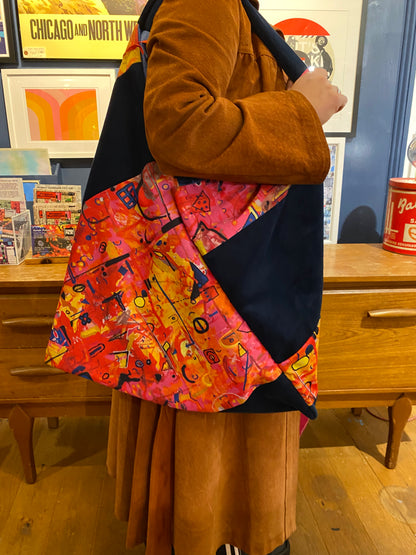 Handmade Bag Navy Velvet and Printed Fabric by RELAB