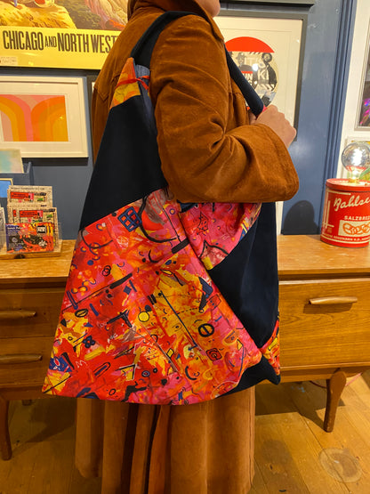 Handmade Bag Navy Velvet and Printed Fabric by RELAB