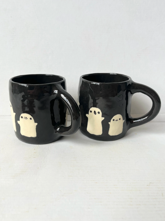 Handmade black and white ghost mug by REBECCA EDELMANN Ceramics