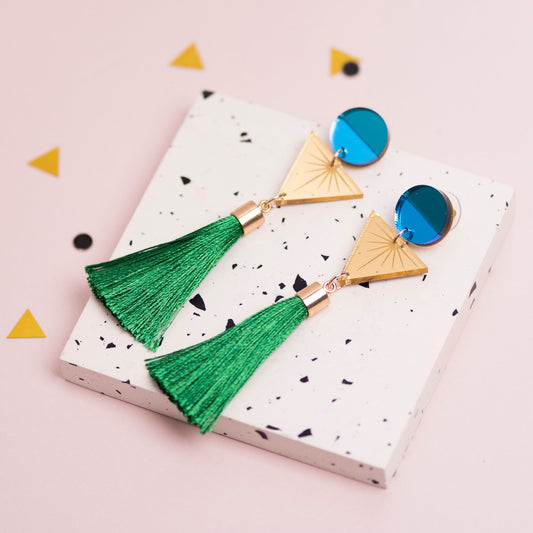 Green Geometric Tassel Earrings by Laura Danby