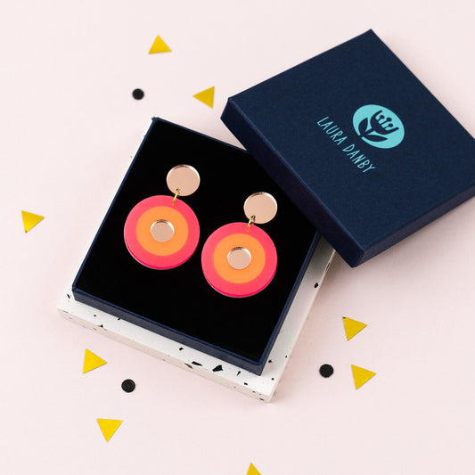 Pink & Orange Neon Circle Acrylic Earrings by Laura Danby