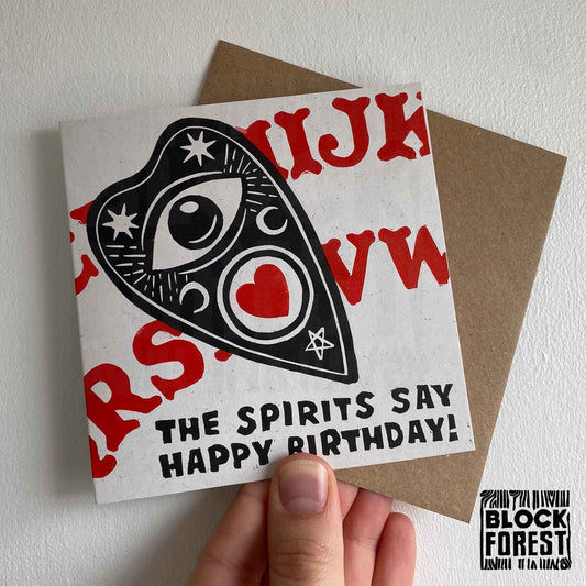 The Spirits Say Happy Birthday - Handprinted Linocut Greetings Card by Blockforest