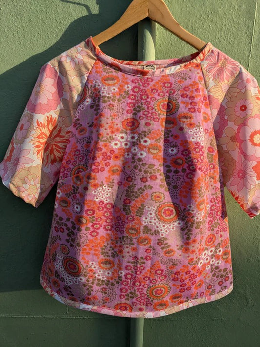 Handmade Vintage Pink Woven Floral Raglan Sleeve Top By Patchwork Park