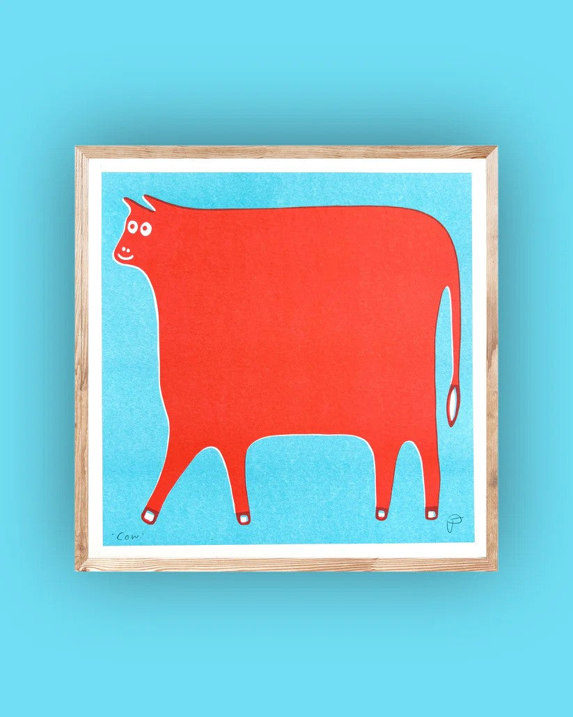 Cow Art Print in Red and Light Blue Ink by Strangford