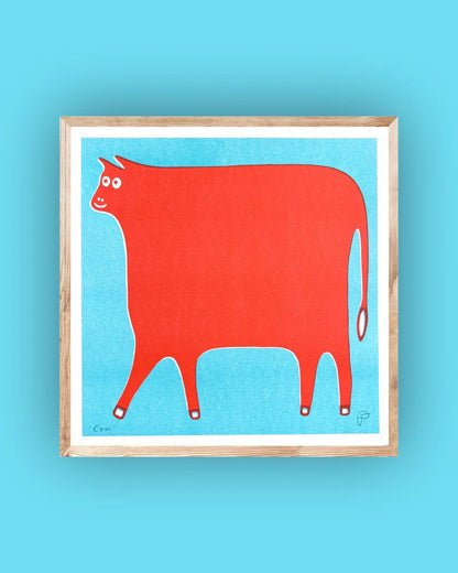 Cow Art Print in Red and Light Blue Ink by Strangford