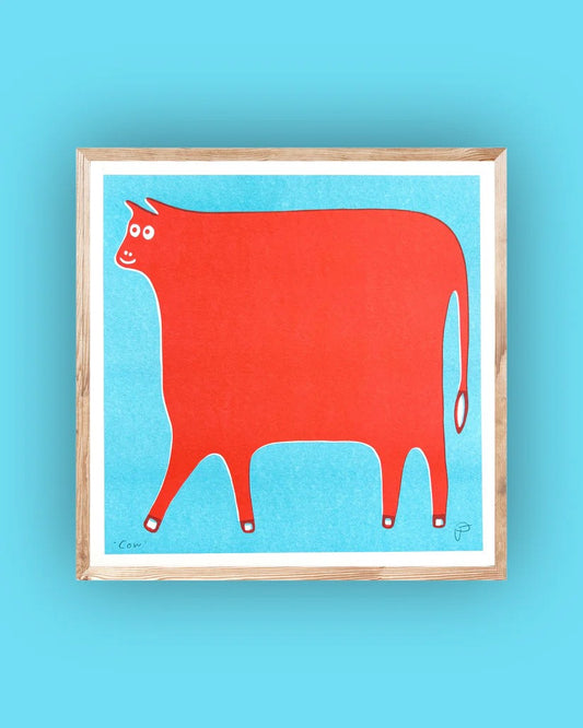 Cow Art Print in Red and Light Blue Ink by Strangford