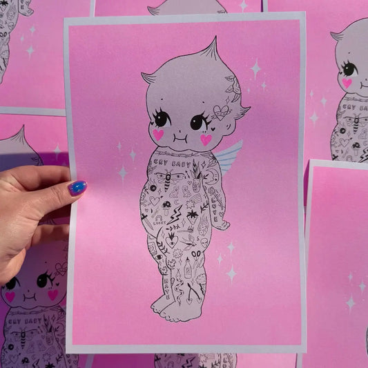 Tattooed Kewpie A4 Risograph Print by Amy Hastings