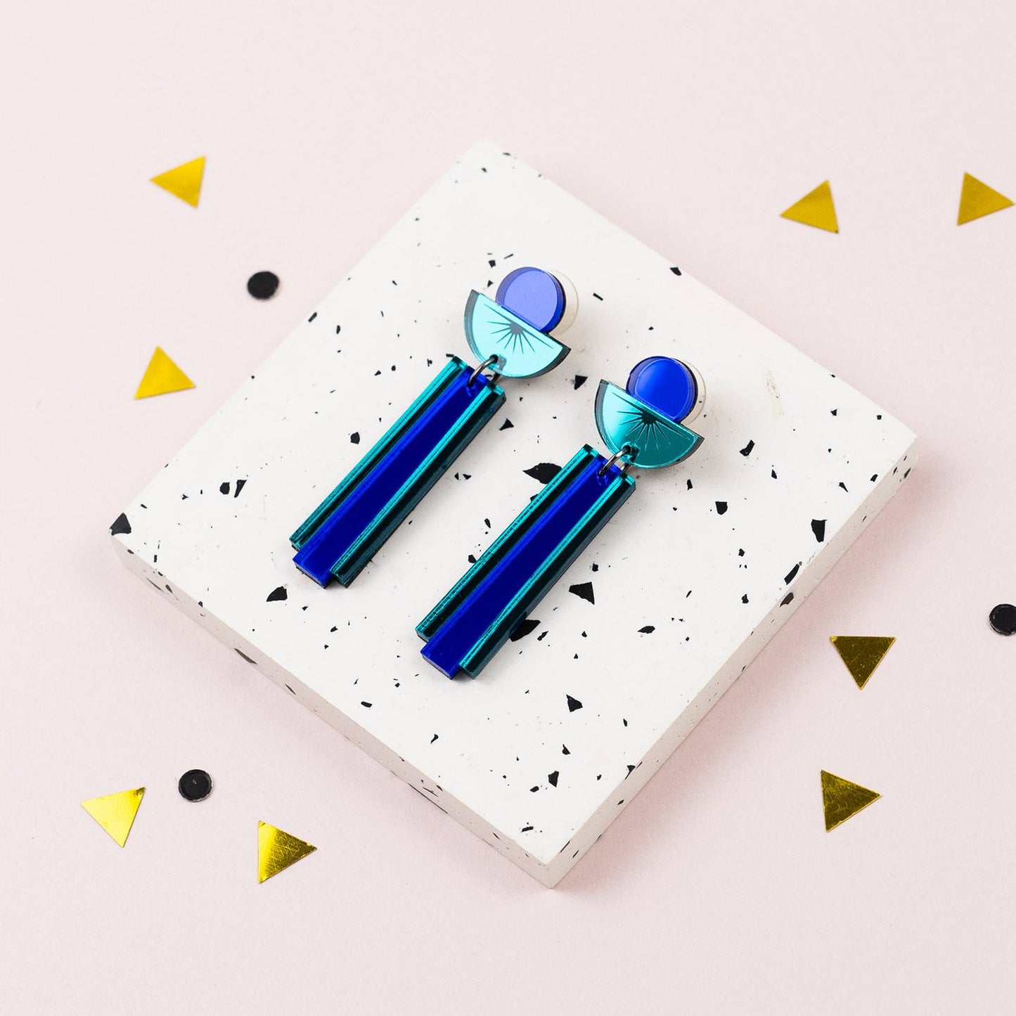 Teal & Blue Art Deco Acrylic Earrings by Laura Danby