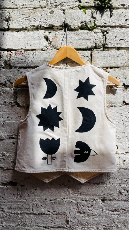 Handpainted Reclaimed Vest With Flower , Moon, Sun, Bird By Anna Soba