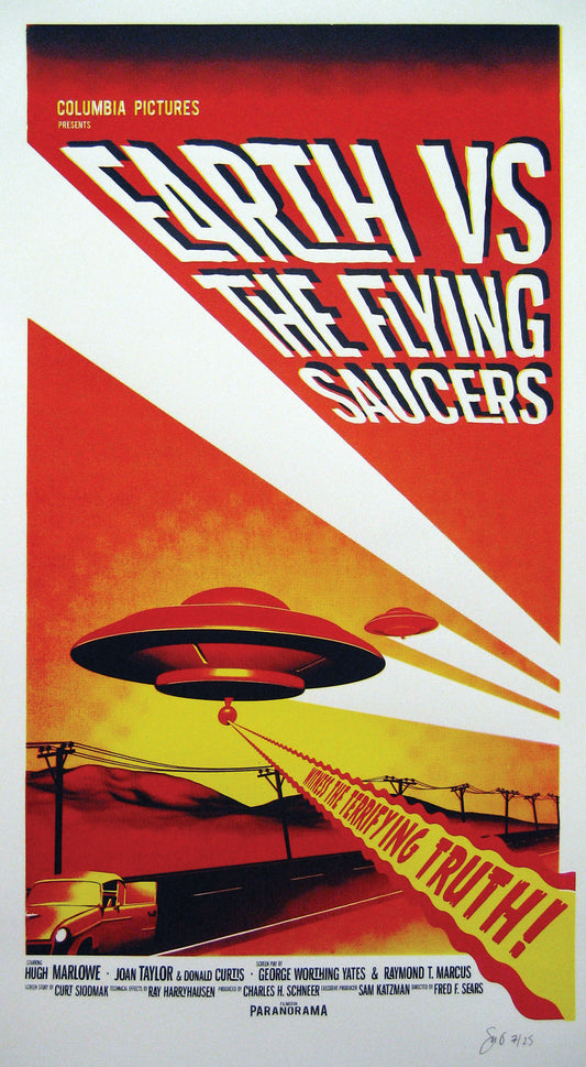 Earth Vs The Flying Saucers Signed, limited edition screen print Size: 32.5cm x 59cm by The Chunkives