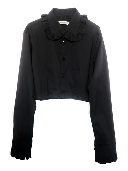 Premonition Black Cropped Shirt with Ruffle Collar and Sleeves by Odd Janko