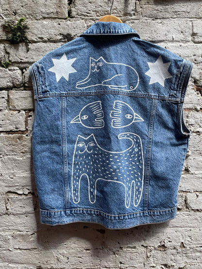 Handpainted Denim Reclaimed Vest With Flower , Cherry, Cats, Bird By Anna Soba