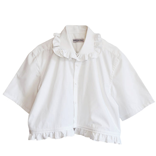 Premonition White Cropped Short sleeved Shirt with Ruffle Collar by Odd Janko