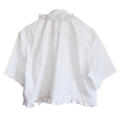 Premonition White Cropped Short sleeved Shirt with Ruffle Collar by Odd Janko