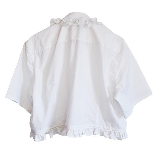 Premonition White Cropped Short sleeved Shirt with Ruffle Collar by Odd Janko