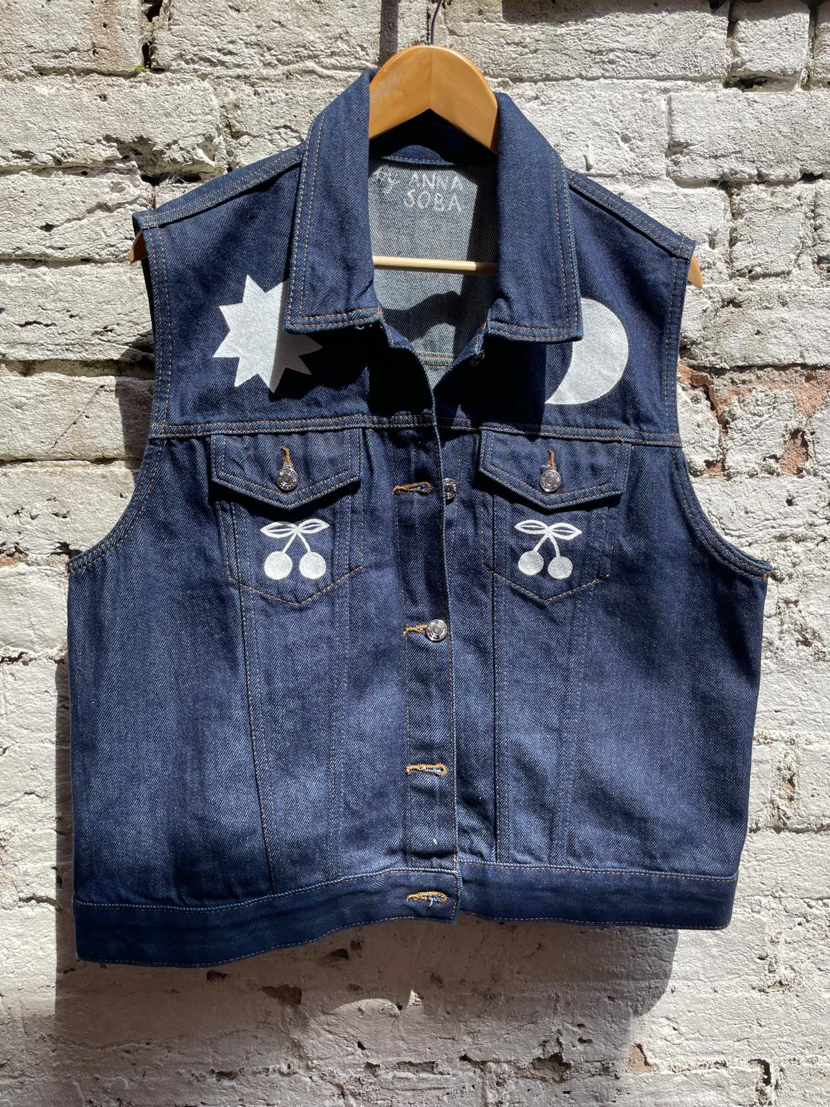 Handpainted Denim Reclaimed Vest With Flower , Cherry, Cats, Bird By Anna Soba