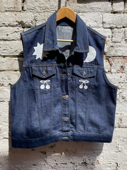 Handpainted Denim Reclaimed Vest With Flower , Cherry, Cats, Bird By Anna Soba