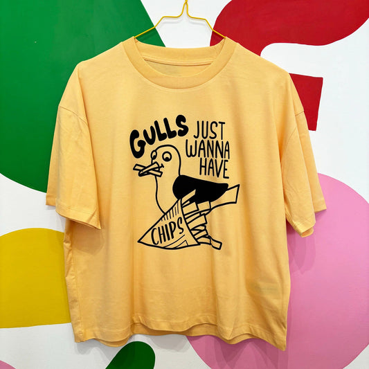 GULLS JUST WANNA HAVE CHIPS Yellow T-shirt by Hello Dodo