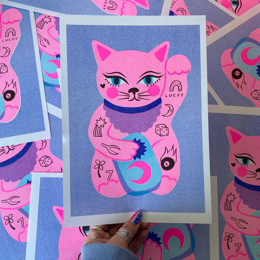Lucky Cat A4 Risograph Print by Amy Hastings