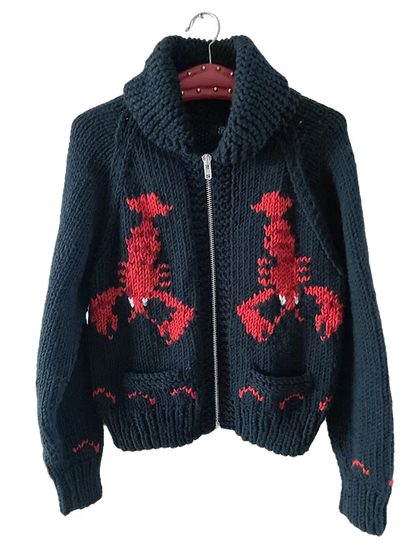 Lobster Chunky Black Handknit Cardigan by Bucko