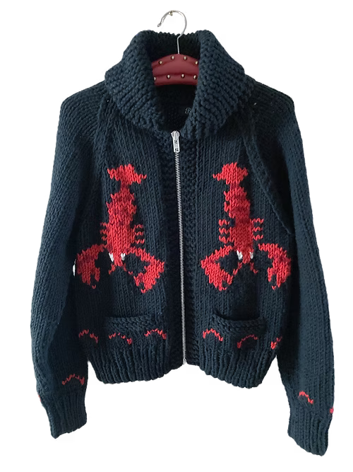 Lobster Chunky Black Handknit Cardigan by Bucko