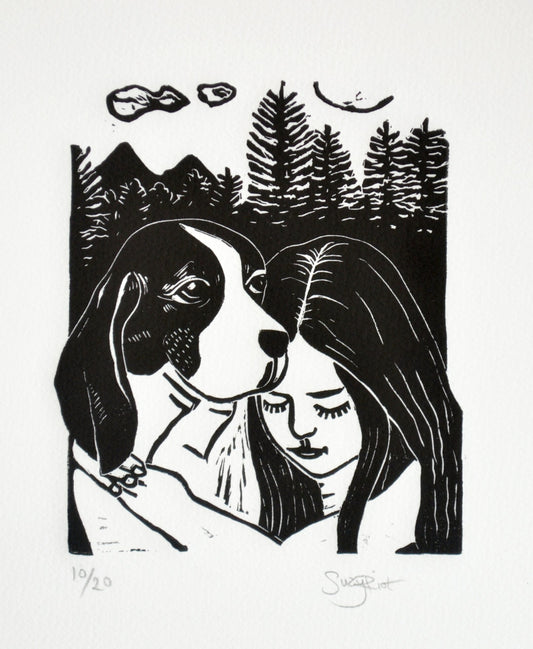 Dog Black and white Lino Print by Suzy Riot