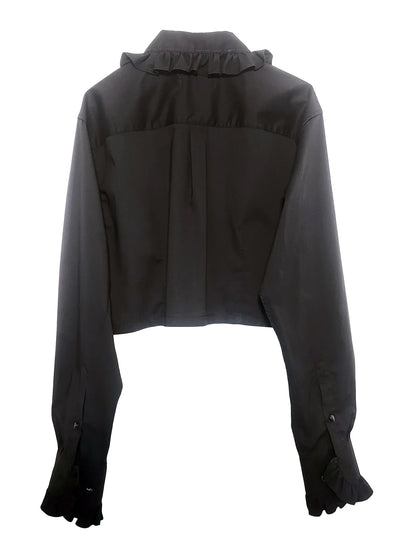 Premonition Black Cropped Shirt with Ruffle Collar and Sleeves by Odd Janko