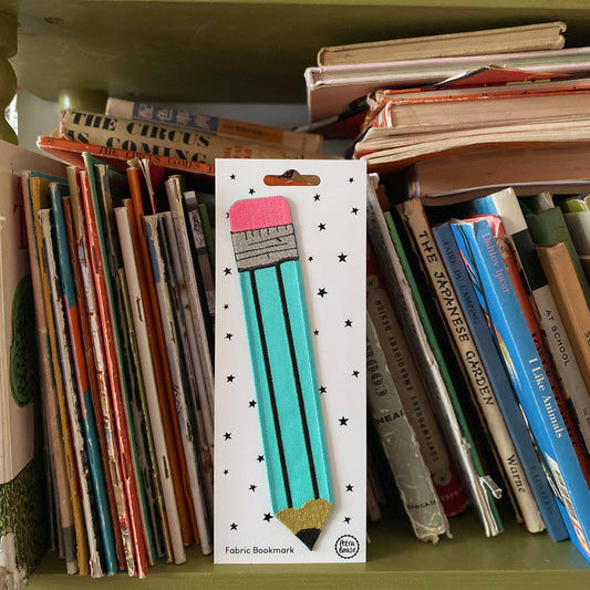 Embroidered Fabric Bookmark - Aqua Retro Pencil Design