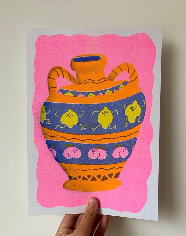 Lemon Peach Fun Fruity Greek Pot A4 Risograph Print by 2B or not 2B