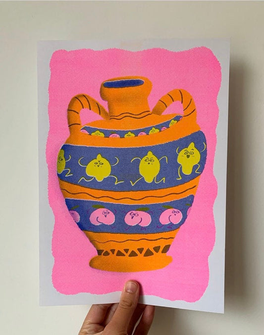 Lemon Peach Fun Fruity Greek Pot A4 Risograph Print by 2B or not 2B