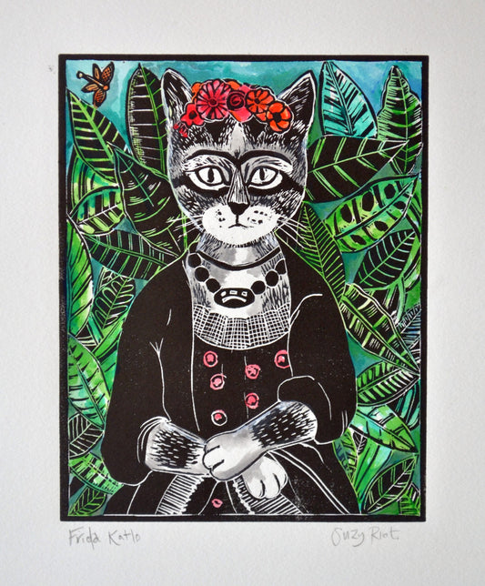 Frida Cat Lino Print Original by Suzy Riot