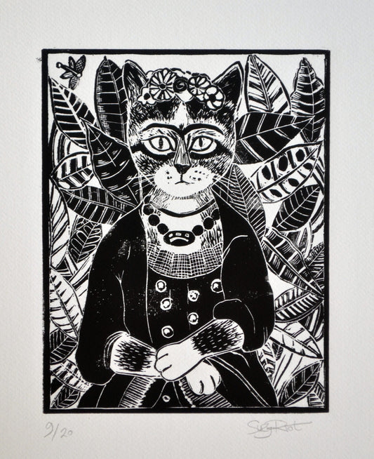 Frida Cat Black and white Lino Print Original by Suzy Riot